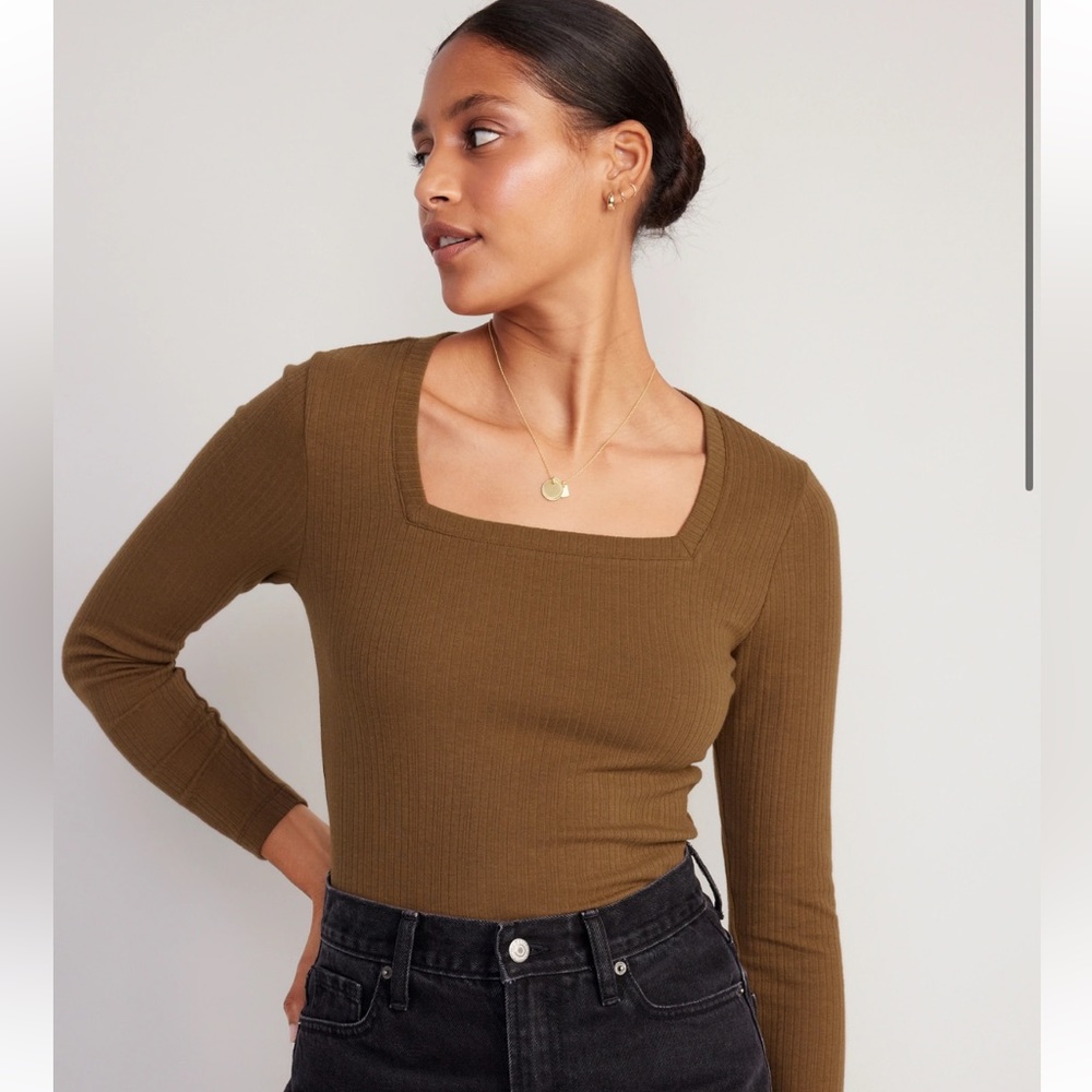 Fitted Square-neck Rib-knit T-shirt